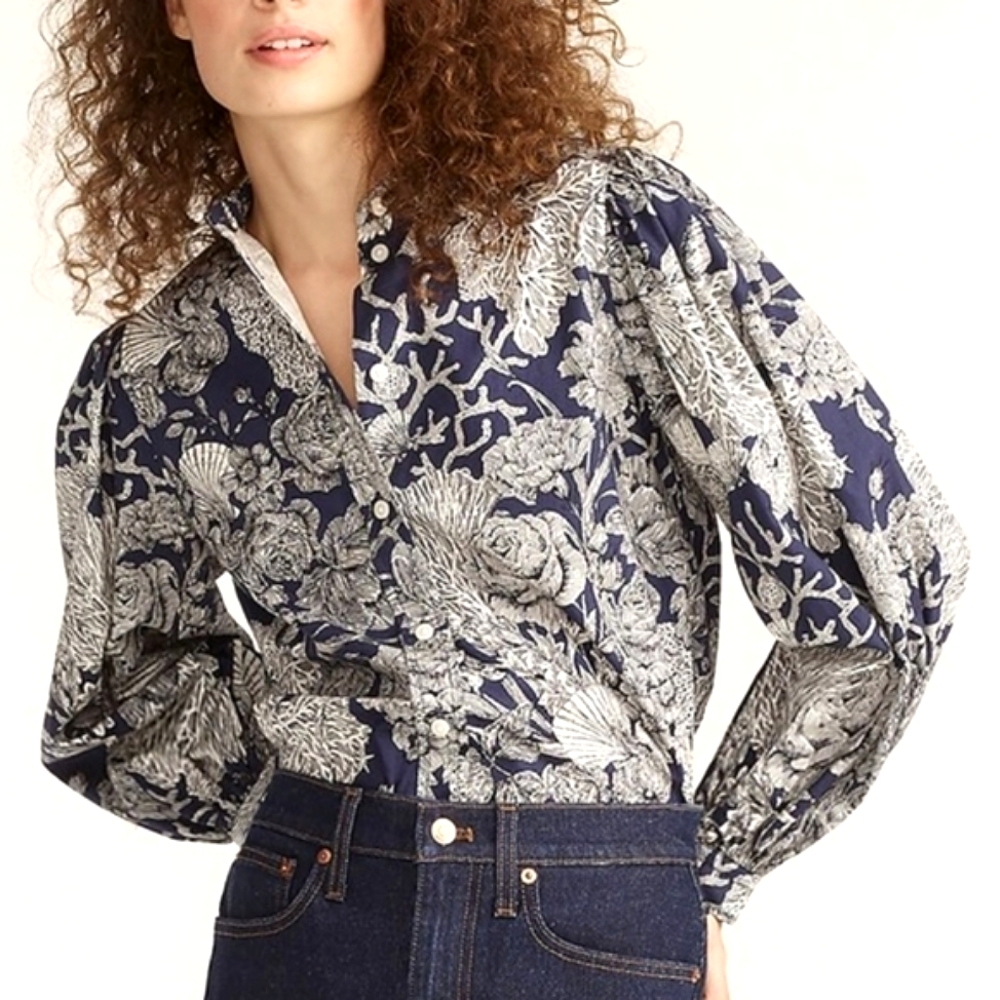 J.Crew Collection collarless puff sleeve shirt Ratti seashell print size 8